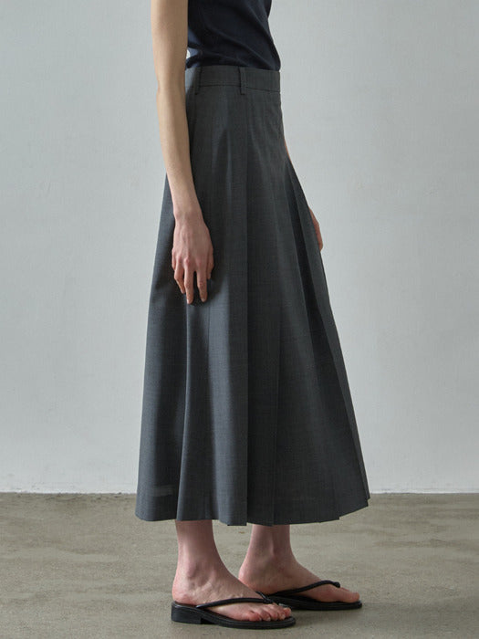 Facade Pattern Summer Wool Pleated Long Skirt charcoal