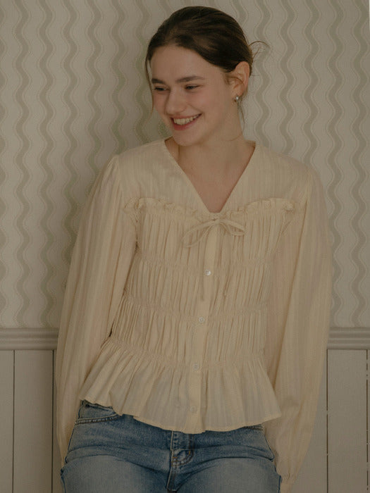 [TILLIDIE] Ribbon point smoke cotton blouse_Beige