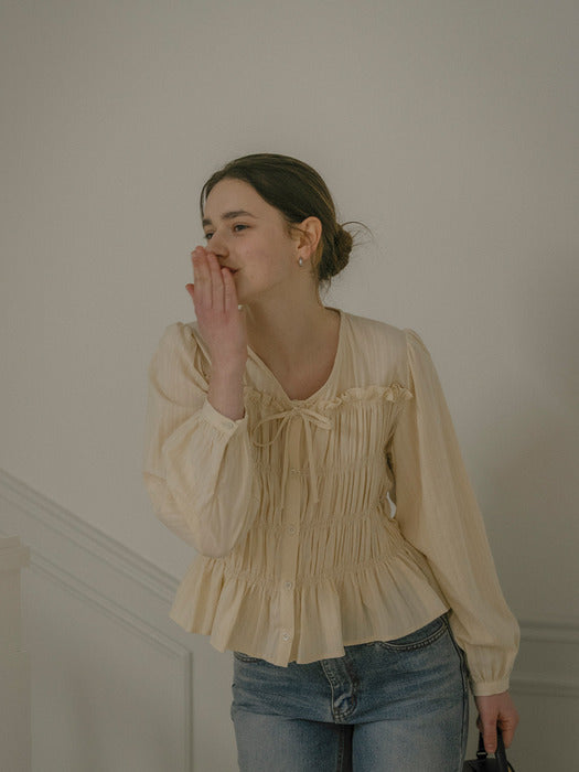 [TILLIDIE] Ribbon point smoke cotton blouse_Beige