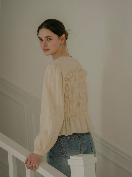 [TILLIDIE] Ribbon point smoke cotton blouse_Beige