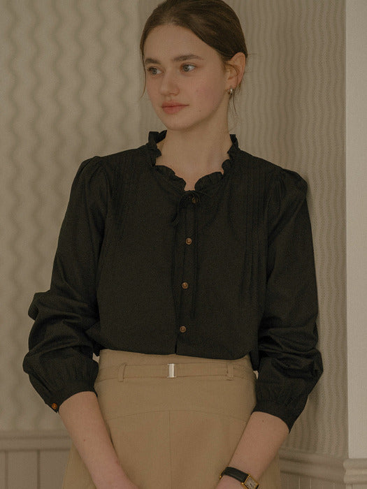 [TILLIDIE] Neck frill ribbon cotton blouse_Black