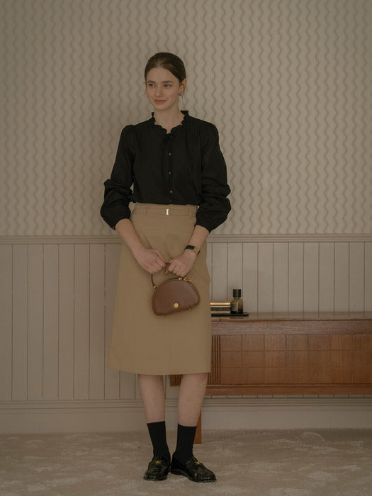 [TILLIDIE] Neck frill ribbon cotton blouse_Black