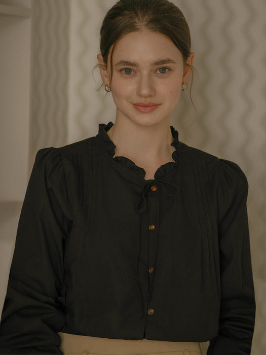 [TILLIDIE] Neck frill ribbon cotton blouse_Black