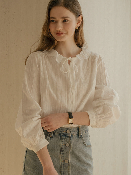 Sweet ribbon round cotton blouse_Ivory