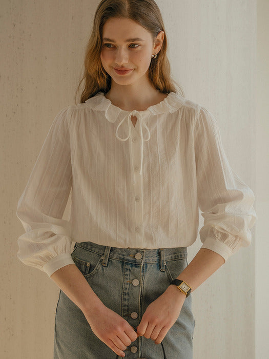 Tillidie Sweet ribbon round cotton blouse Ivory