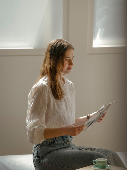 [TILLIDIE] Sweet ribbon round cotton blouse_Ivory