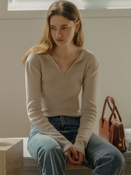 [TILLIDIE] Lora v-neck cotton modal knit_Gray beige