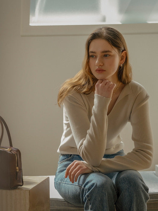 [TILLIDIE] Lora v-neck cotton modal knit_Gray beige