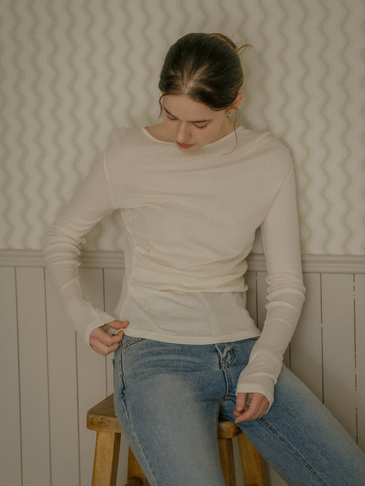 [TILLIDIE] Pearl drape slim soft modal t-shirt_Ivory