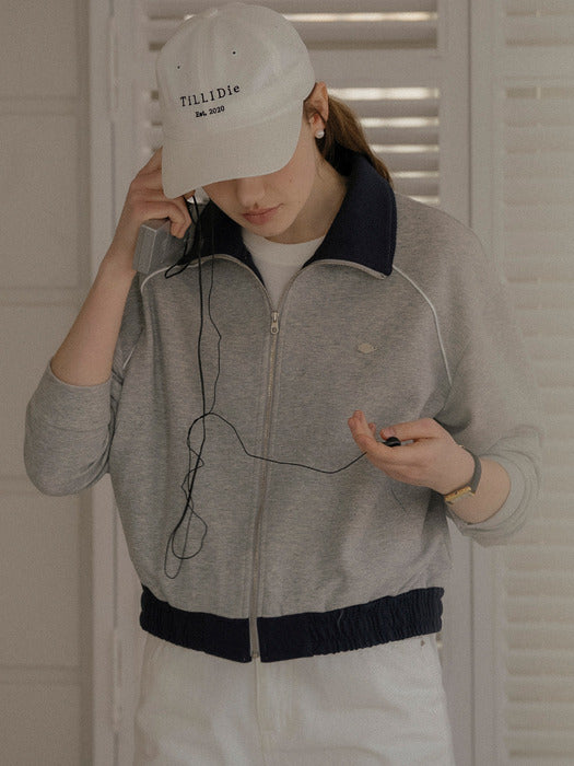 [TILLIDIE] Contrast coloring high neck detail jersey zip-up_Melange