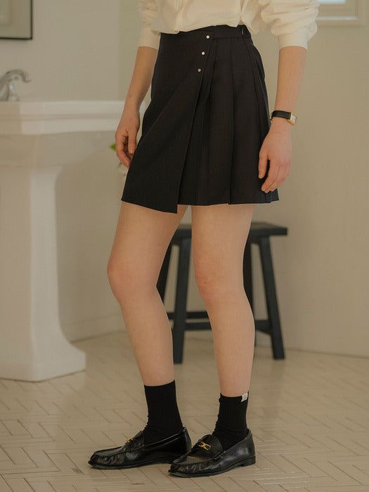 [TILLIDIE] Pleats overlap A-line mini skirt_Navy
