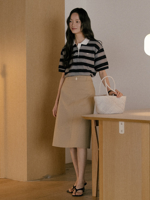 [TILLIDIE] Double stitch high waist A-line skirt_Beige