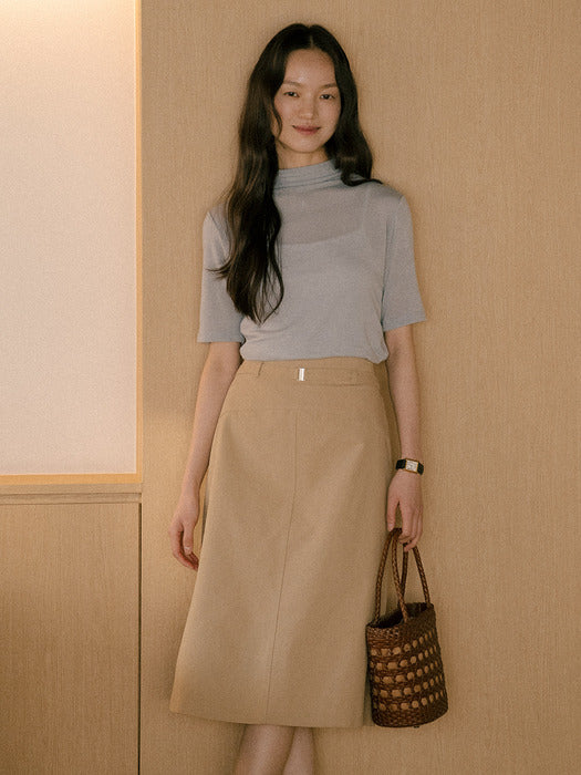 [TILLIDIE] Double stitch high waist A-line skirt_Beige