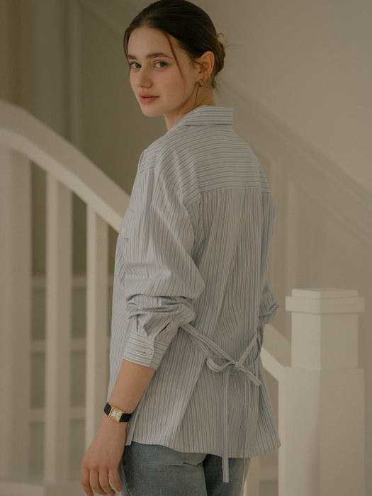 [TILLIDIE] Strap two pocket striped long shirt_Blue