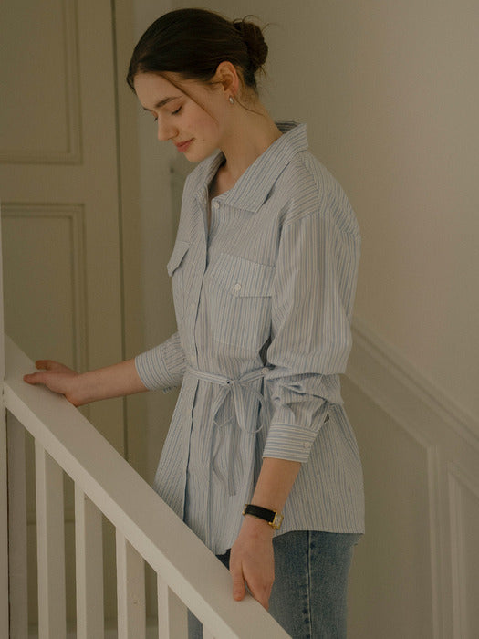 [TILLIDIE] Strap two pocket striped long shirt_Blue