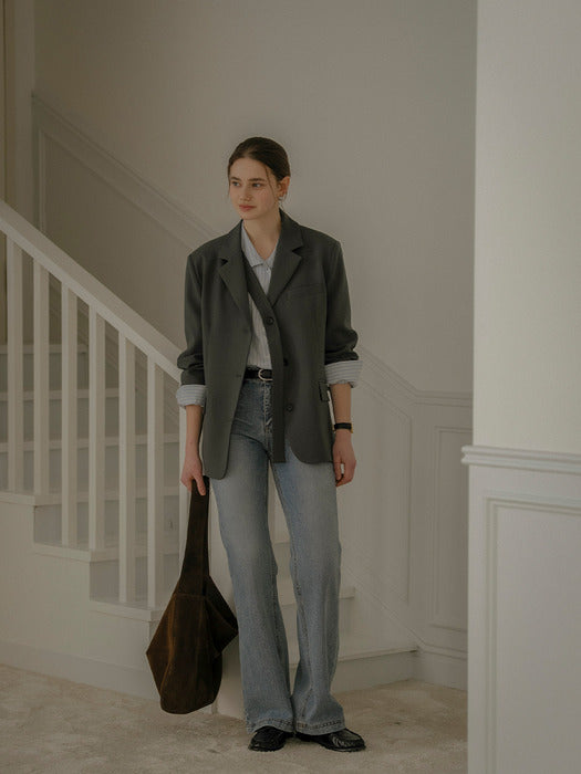 [TILLIDIE] Strap two pocket striped long shirt_Blue