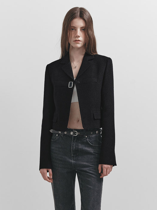 Raive Buckle Crop Tweed Jacket in D/Navy