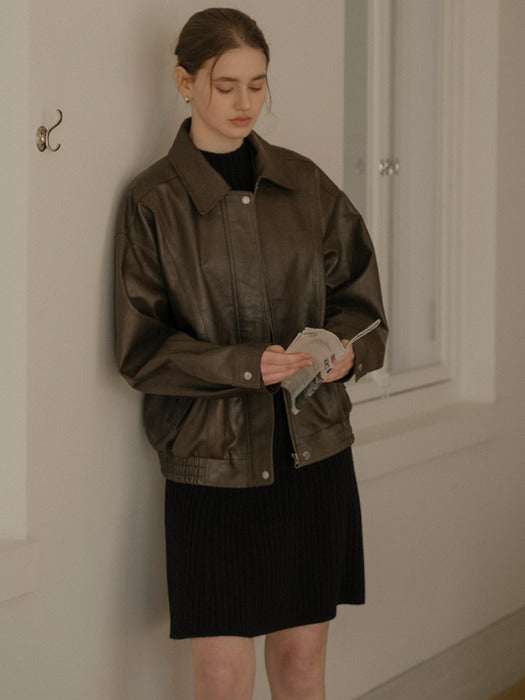 [TILLIDIE] Faux leather overfit jumper_Dark Brown