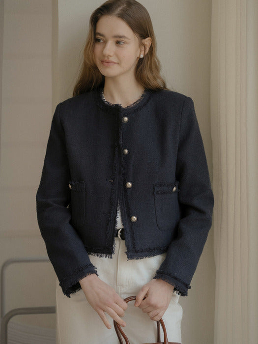[TILLIDIE] Tassel lace point tweed jacket_Navy