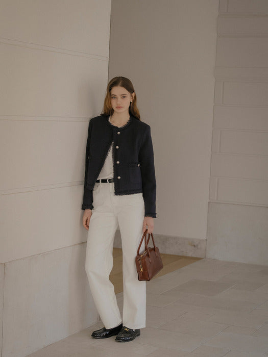 [TILLIDIE] Tassel lace point tweed jacket_Navy