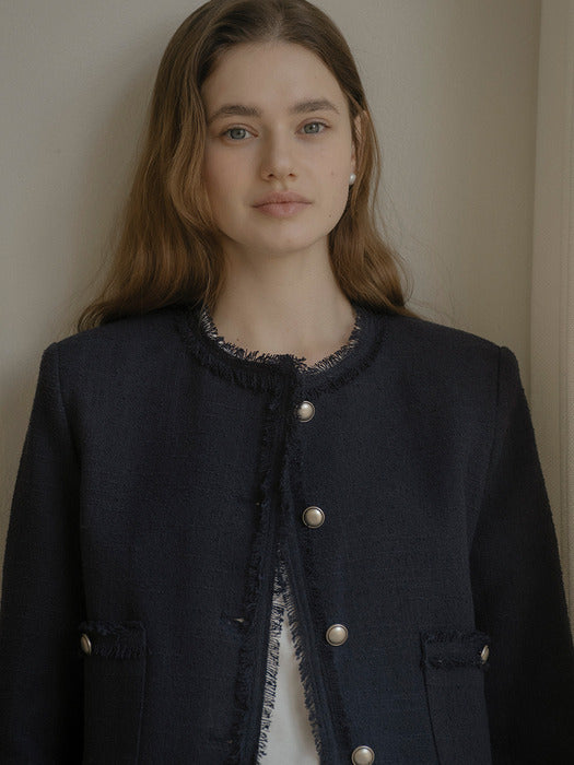[TILLIDIE] Tassel lace point tweed jacket_Navy