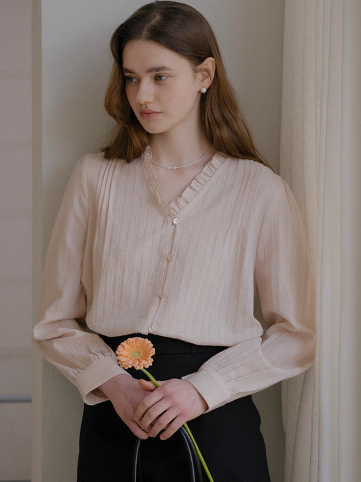 [TILLIDIE] Race texured frill blouse_Pink