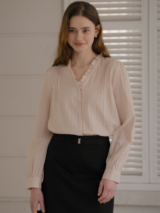 [TILLIDIE] Race texured frill blouse_Pink