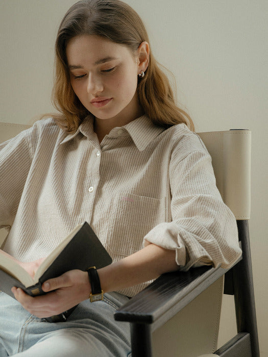 [TILLIDIE] Embo cotton oversized stripe shirt_Beige