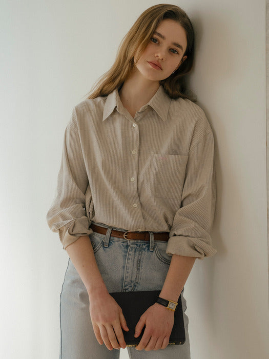 [TILLIDIE] Embo cotton oversized stripe shirt_Beige