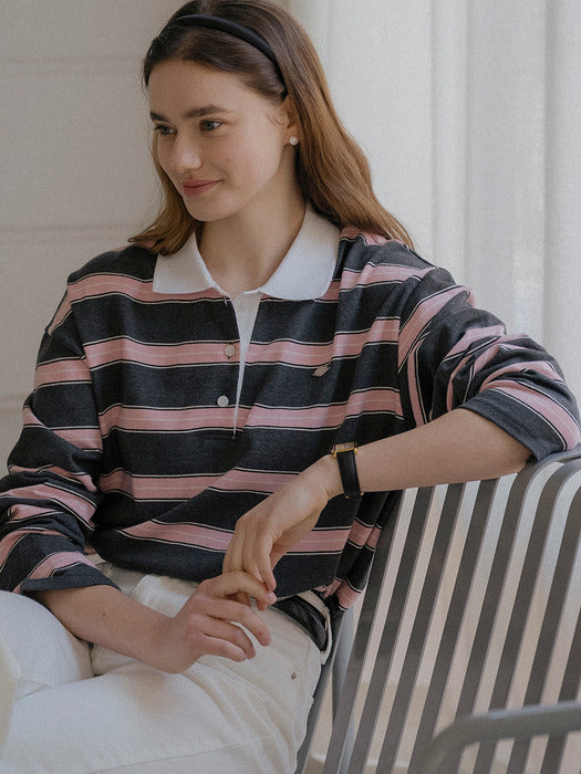 [TILLIDIE] Cotton stripe base collar polo t-shirt_Charcoal