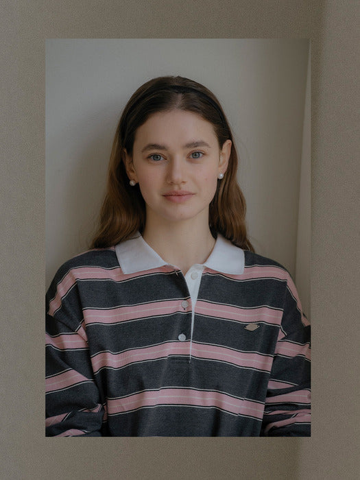 Tillidie Cotton stripe base collar polo t-shirt Charcoal
