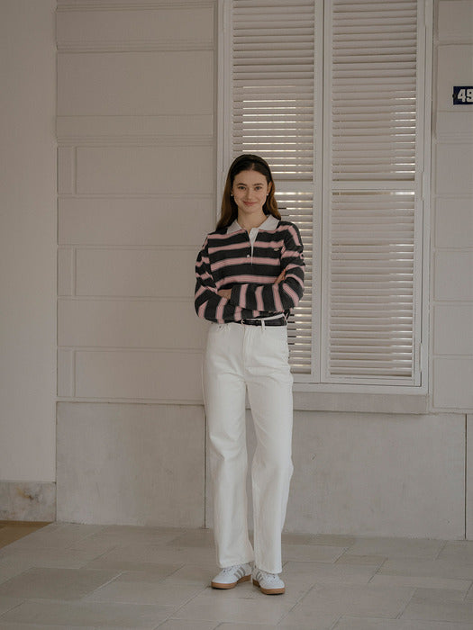 Tillidie Cotton stripe base collar polo t-shirt Charcoal