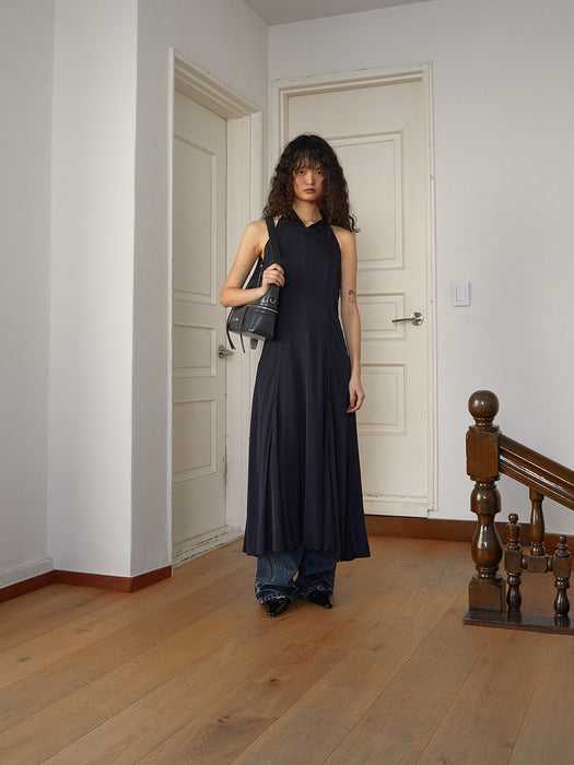 BACK STRING HOODY MAXI DRESS IN DARK NAVY