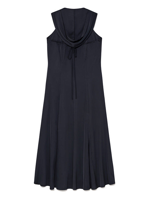 BACK STRING HOODY MAXI DRESS IN DARK NAVY