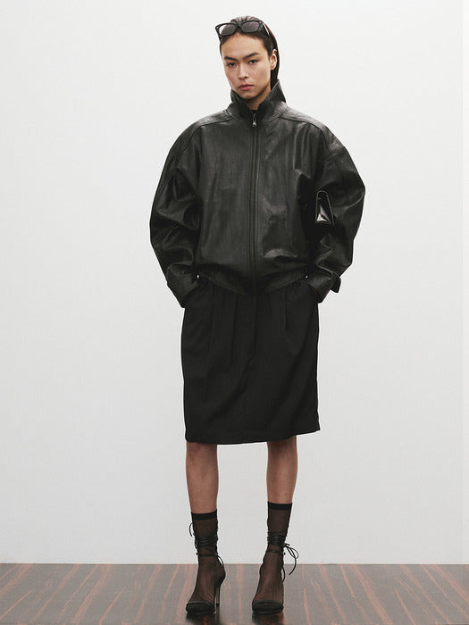 [recto] VINTAGE CRACK EFFECT LEATHER JUMPER (BLACK)