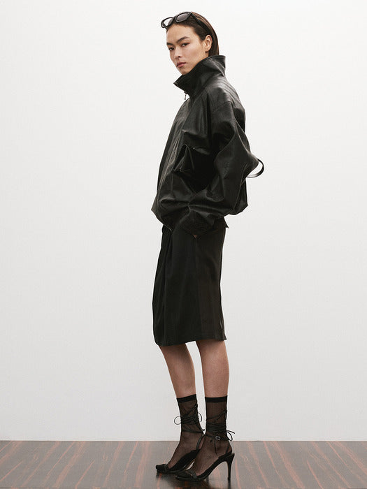 [recto] VINTAGE CRACK EFFECT LEATHER JUMPER (BLACK)