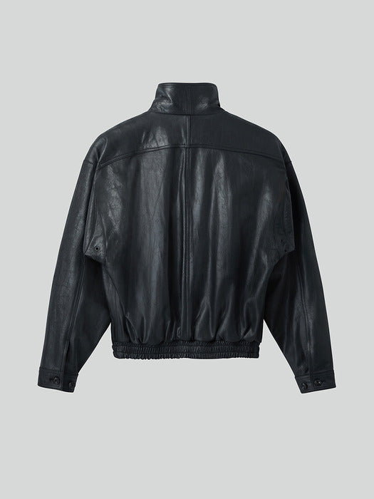 [recto] VINTAGE CRACK EFFECT LEATHER JUMPER (BLACK)