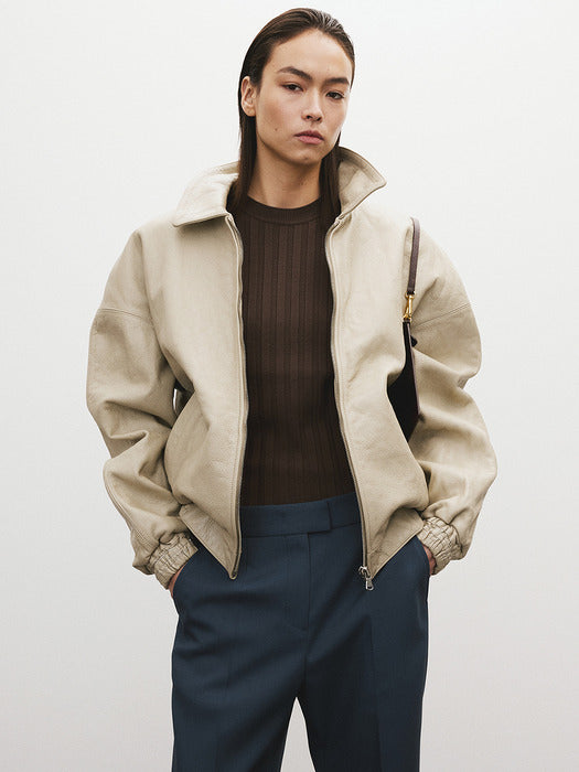 [recto] VINTAGE WASHING LUCAS LEATHER JUMPER (BEIGE KHAKI)