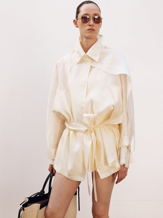 [recto] WIDE FIT SHORT SHEER TRENCH COAT (CREAM)