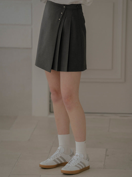 [TILLIDIE] Pleats overlap A-line mini skirt_Charcoal