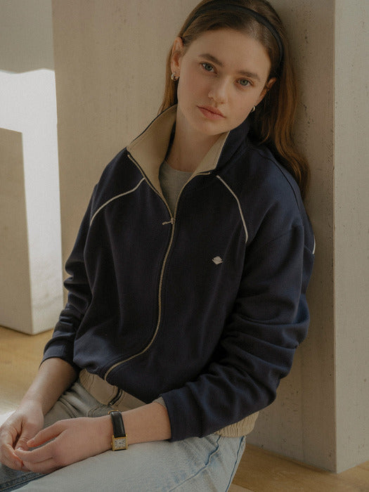 [TILLIDIE] Contrast coloring high neck detail jersey zip-up_Navy