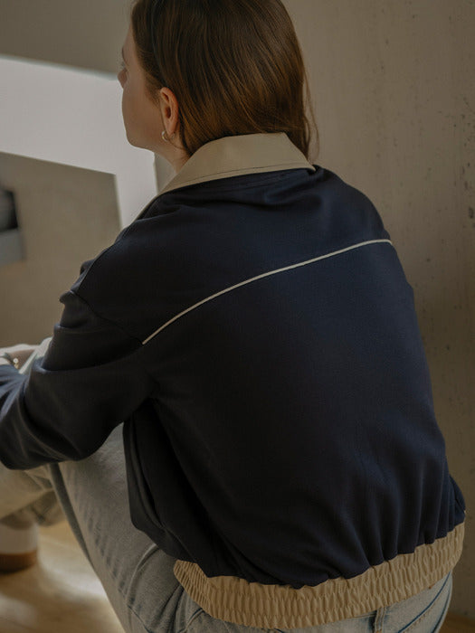 [TILLIDIE] Contrast coloring high neck detail jersey zip-up_Navy