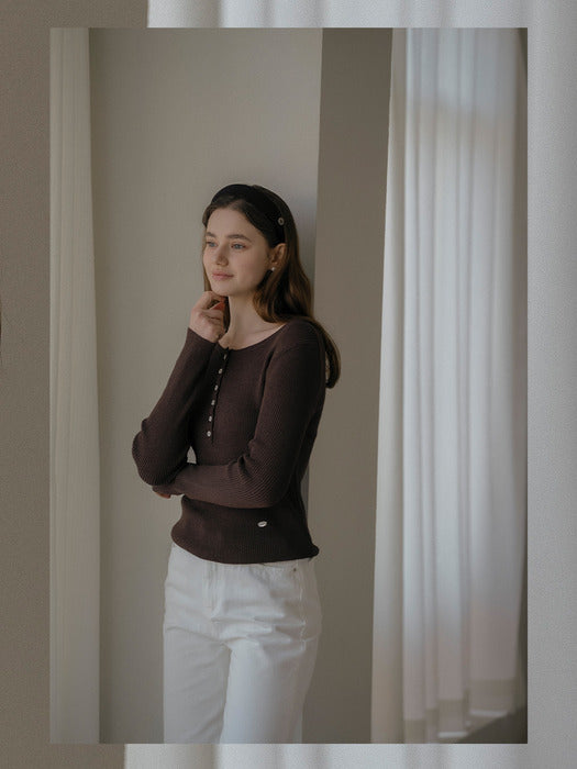 [TILLIDIE] Round neck curve Linen knit_Brown