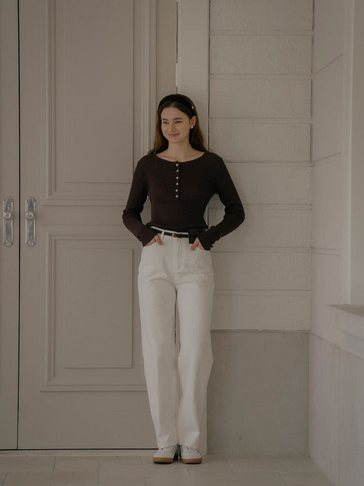 [TILLIDIE] Round neck curve Linen knit_Brown