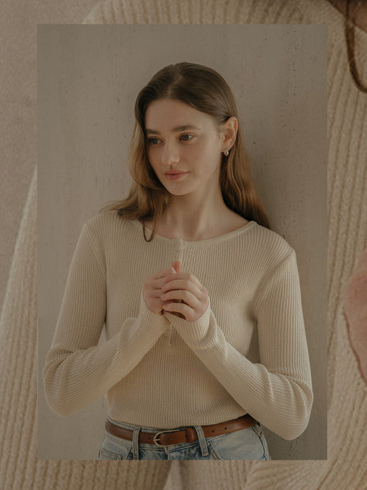 [TILLIDIE] Round neck curve Linen knit_Light beige