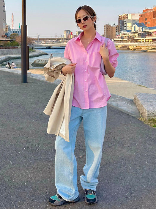 [TILLIDIE] Textured cotton string cotton shirt_Pink