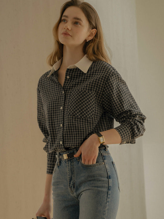 [TILLIDIE] Minimal multi pocket check shirt_Black