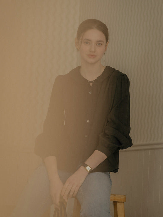 [TILLIDIE] Sweet ribbon round cotton blouse_Black