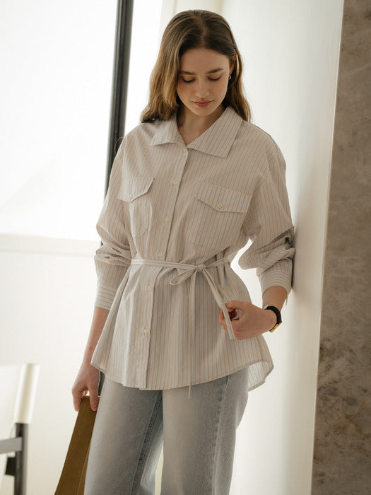 [TILLIDIE] Strap two pocket striped long shirt_Beige