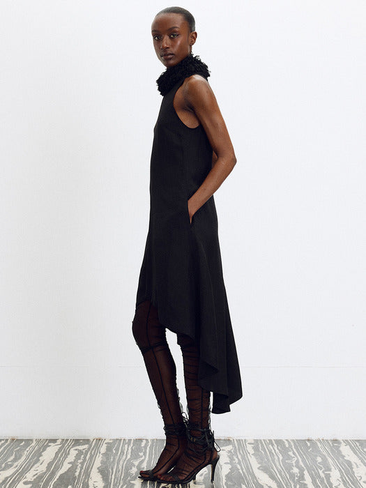 [recto] FRINGE COLLAR HALTER NECK DRESS (BLACK)